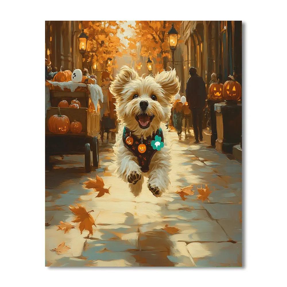 Autumn Street Dog With Spooky Collar painting number kit