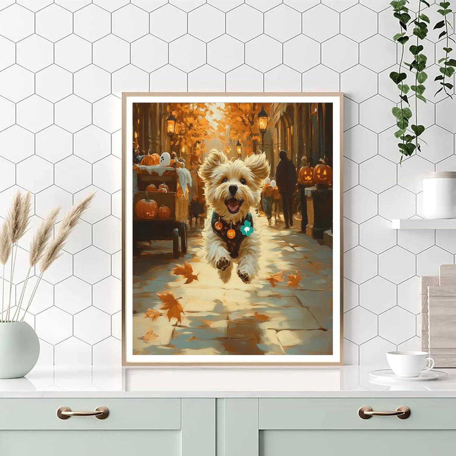 Autumn Street Dog With Spooky Collar painting number kit