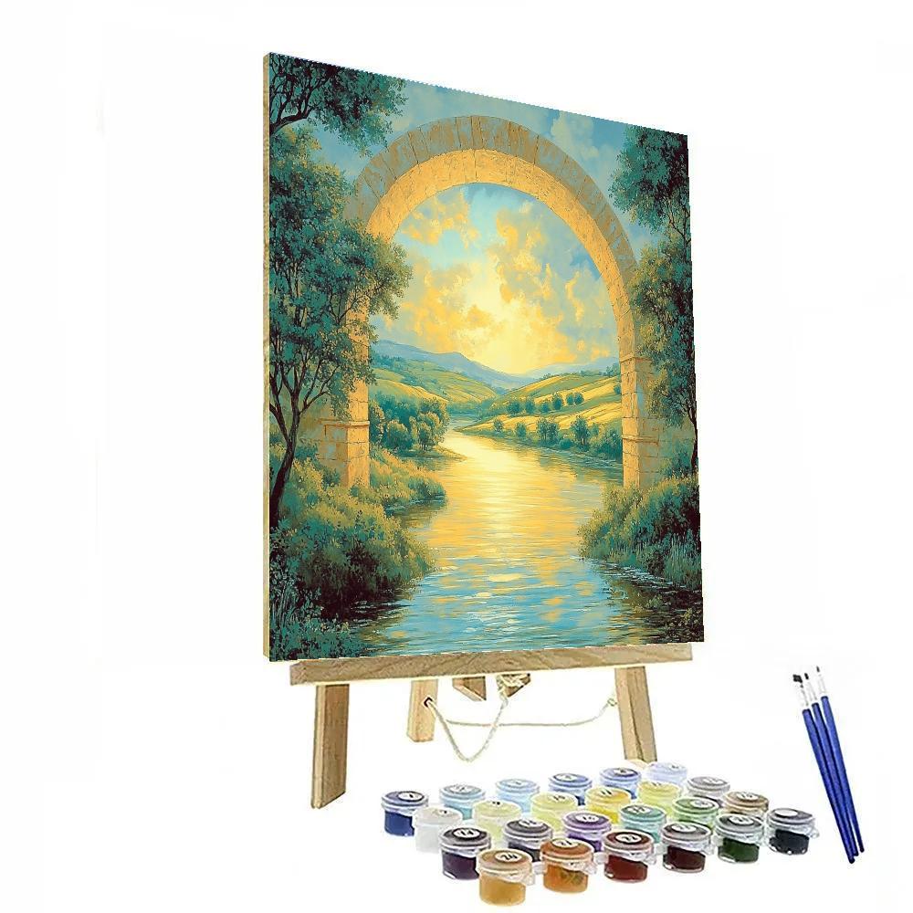 Raphael Inspired Luminous Archway Over Serene River paint by numbers