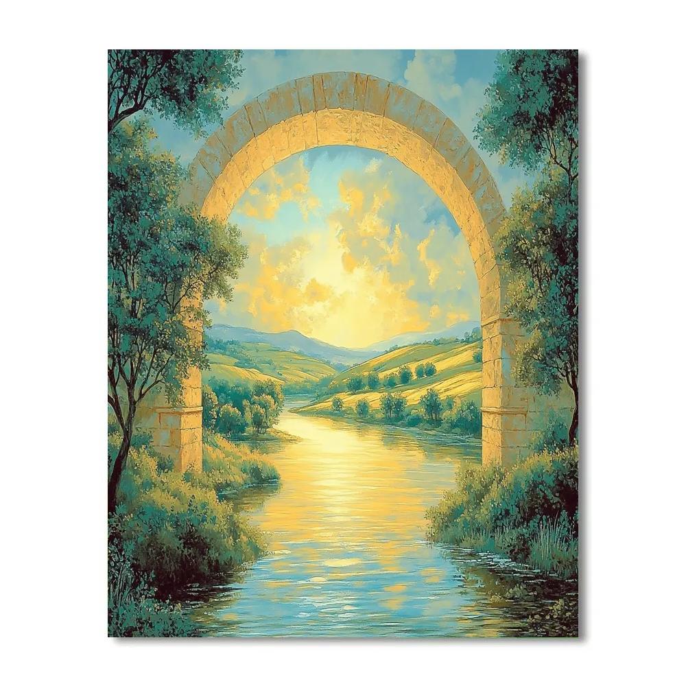 Raphael Inspired Luminous Archway Over Serene River paint by numbers