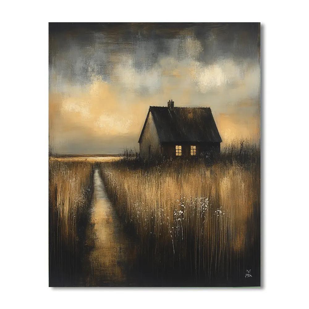 Rembrandt Inspired Cottage Nestled In Shadowy Fields At Dusk paint by numbers