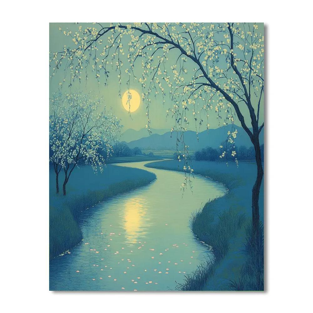 Hiroshige Inspired Moonlit River Blossom Paint by numbers art