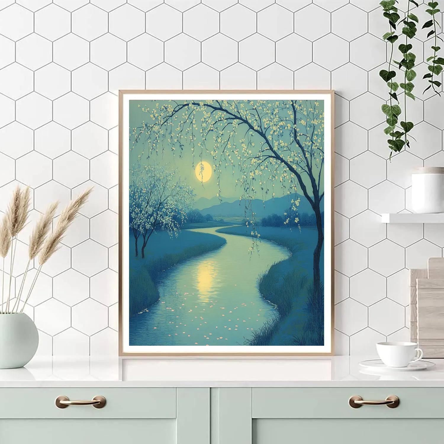 Hiroshige Inspired Moonlit River Blossom Paint by numbers art