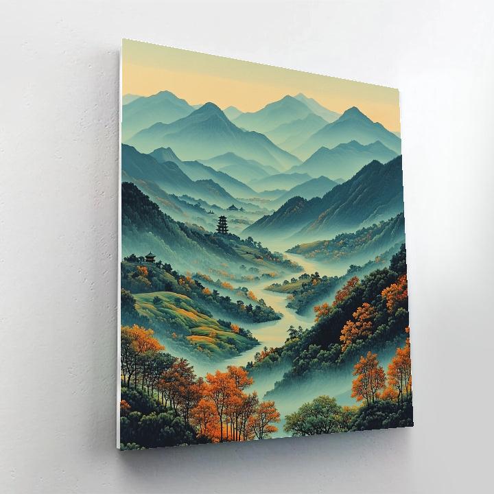 Hiroshige Inspired Autumn Mountain Haze DIY paint by numbers