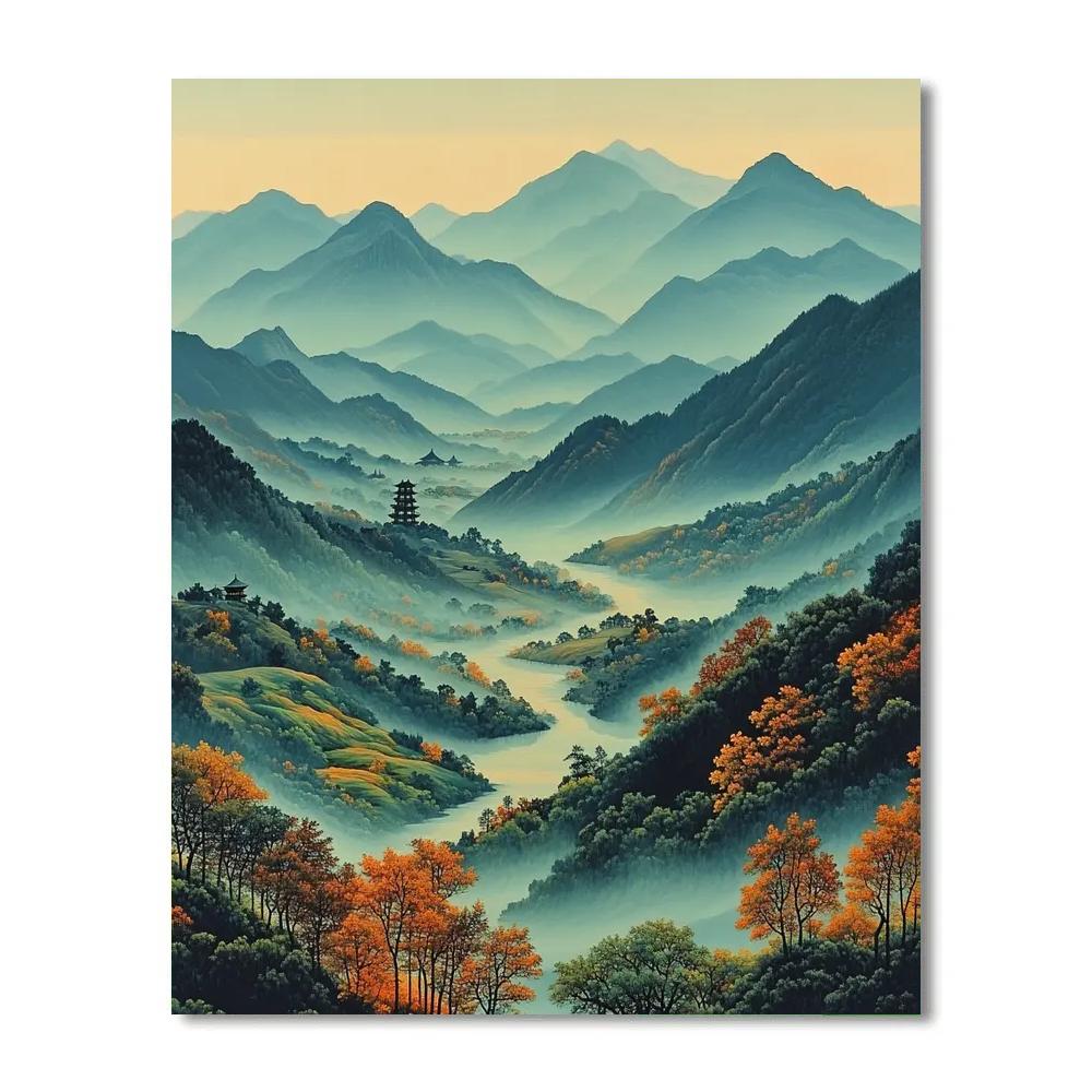 Hiroshige Inspired Autumn Mountain Haze DIY paint by numbers
