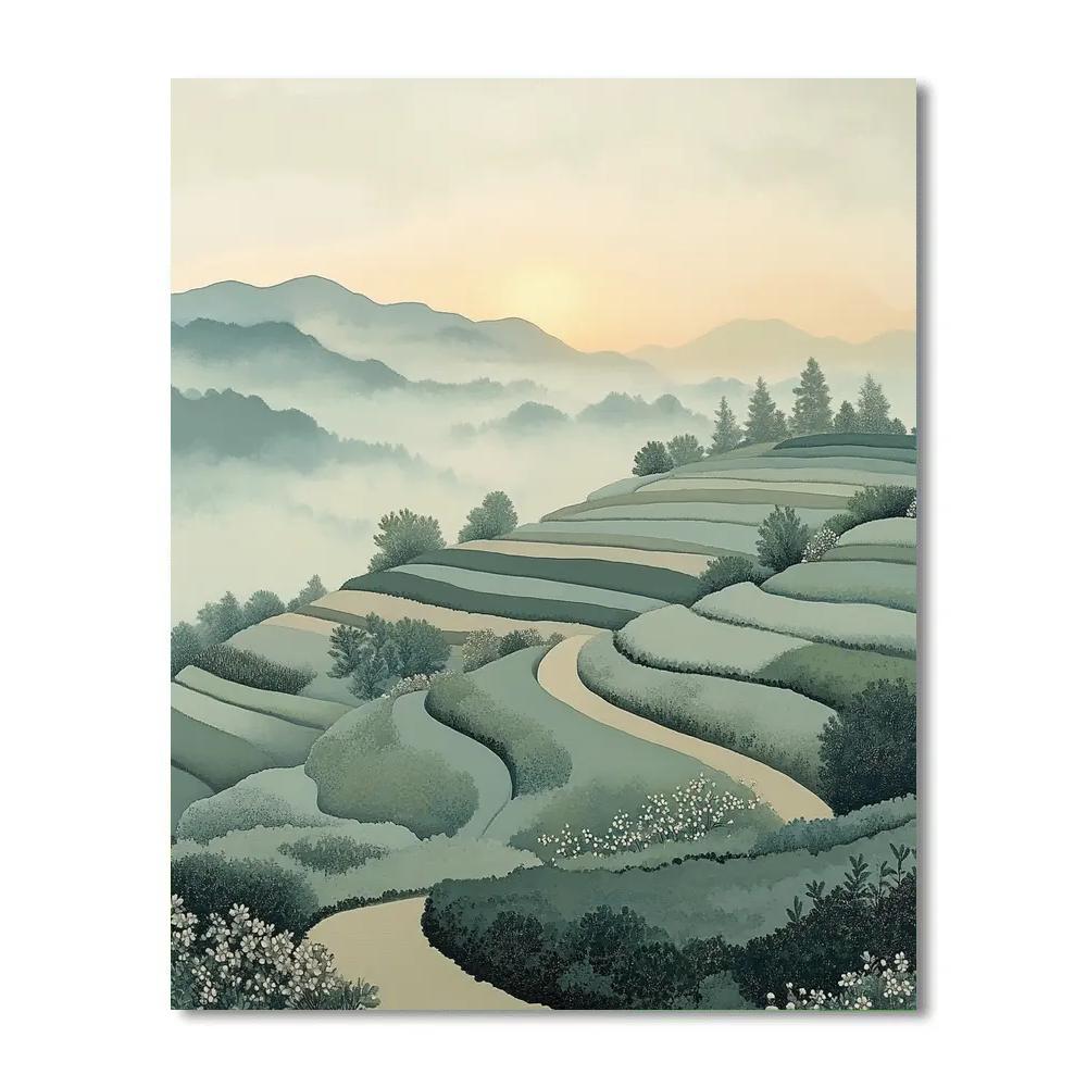 Hiroshige Inspired Dawn Tea Field Mist paint by number