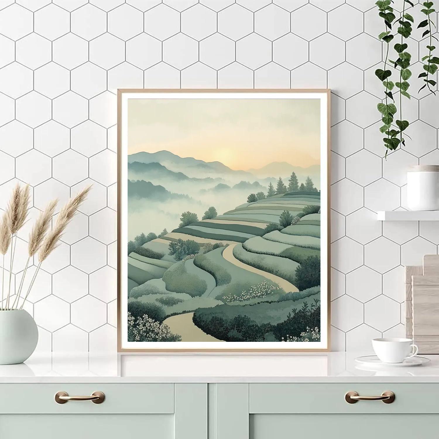 Hiroshige Inspired Dawn Tea Field Mist paint by number