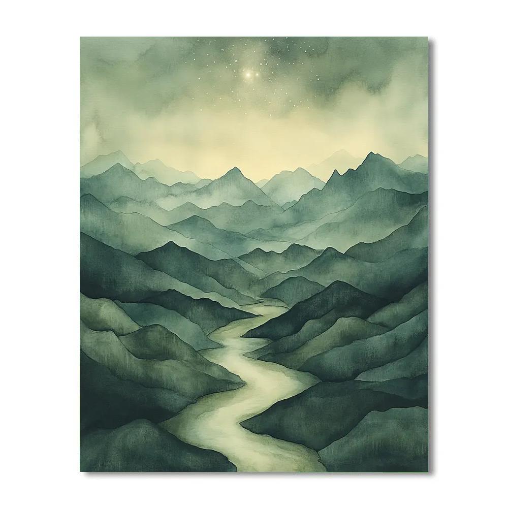 Zhao Mengfu Inspired Moonlit Nebula Landscape Number painting