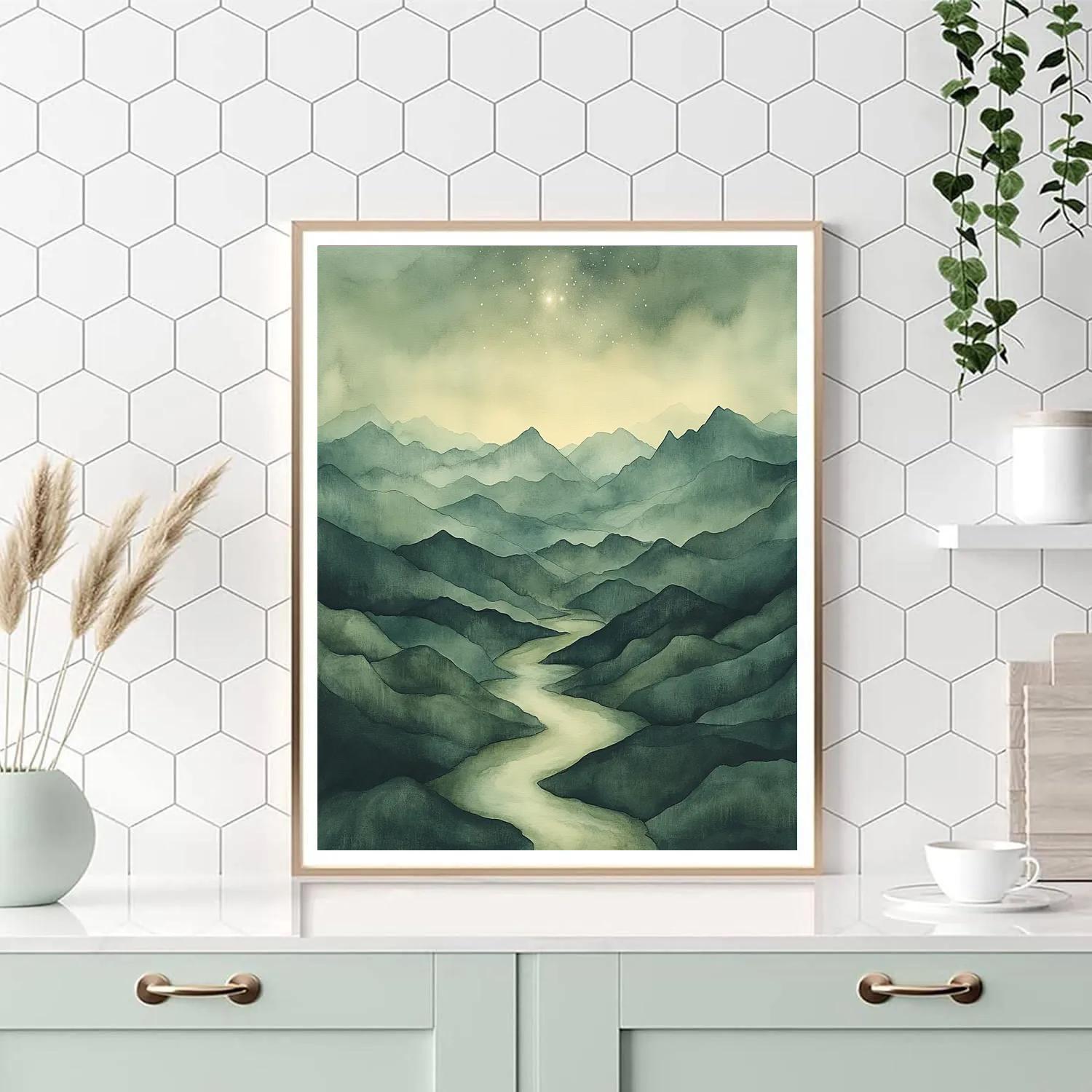Zhao Mengfu Inspired Moonlit Nebula Landscape Number painting