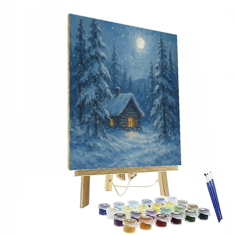Moonlit Cabin In Winter Pines paint by numbers