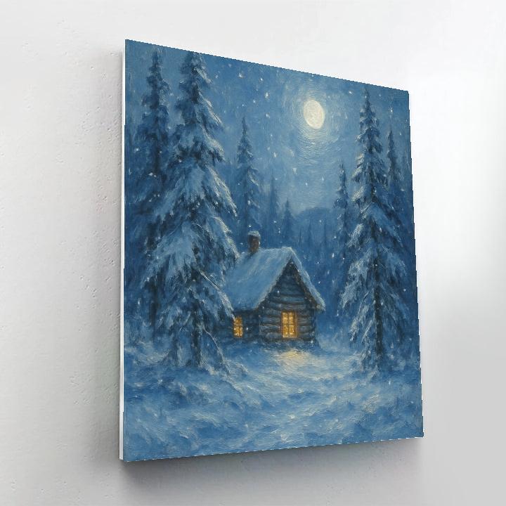 Moonlit Cabin In Winter Pines paint by numbers