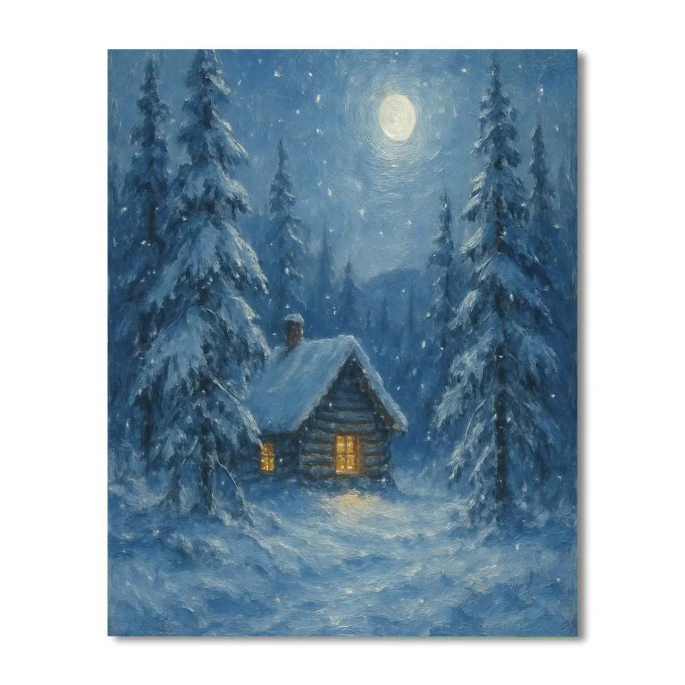 Moonlit Cabin In Winter Pines paint by numbers