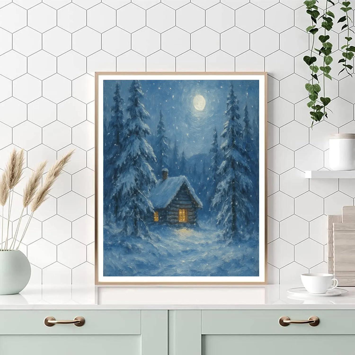 Moonlit Cabin In Winter Pines paint by numbers