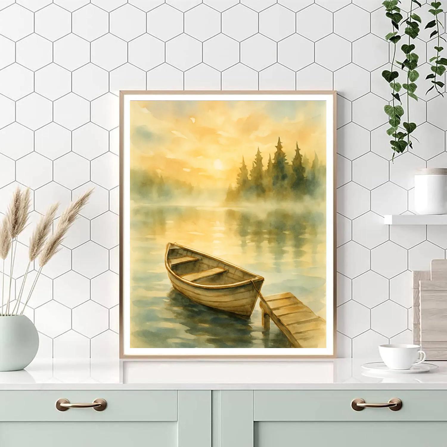 Sunrise Rowboat By The Misty Dock painting number kit