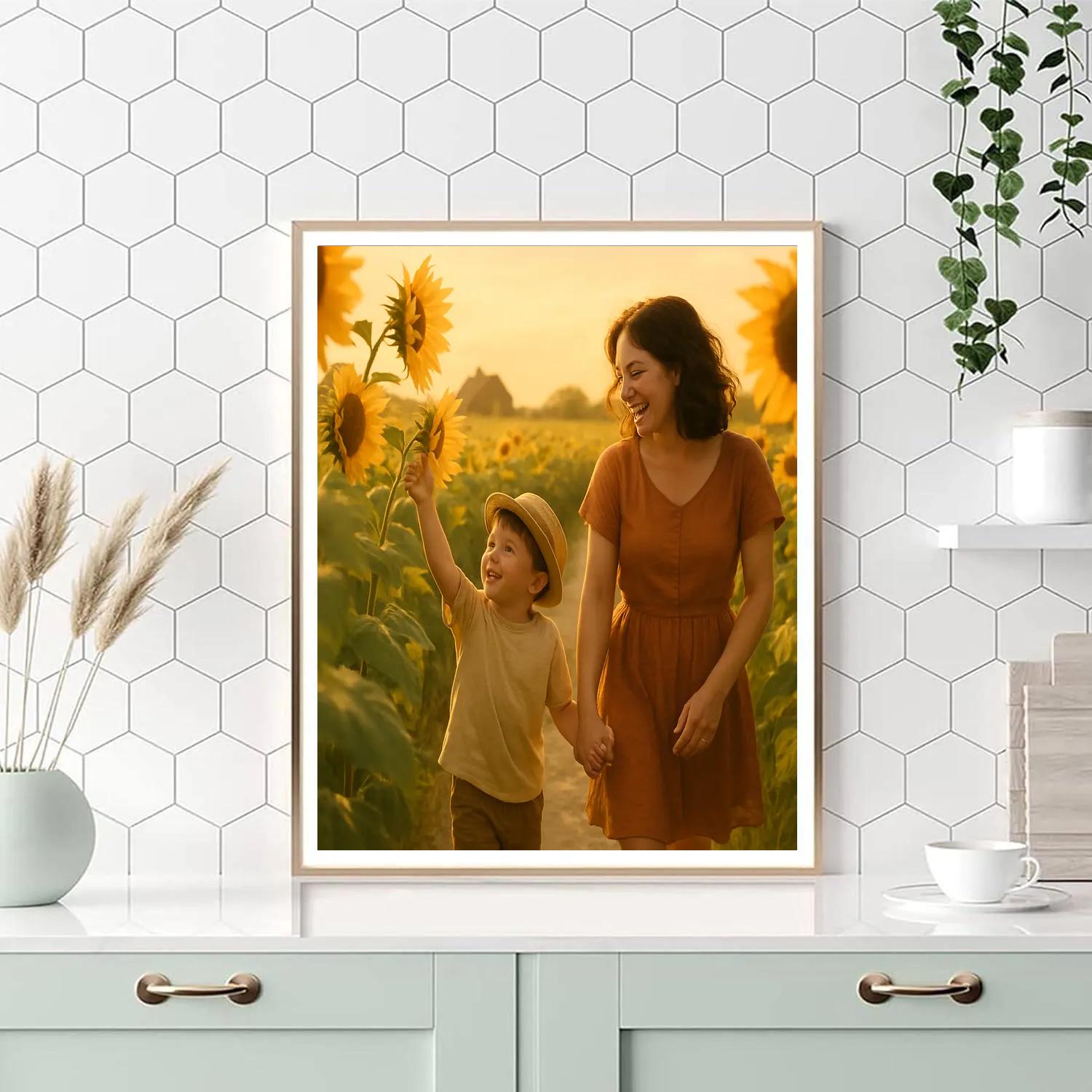 Sunflower Field With Mother And Child paint by color