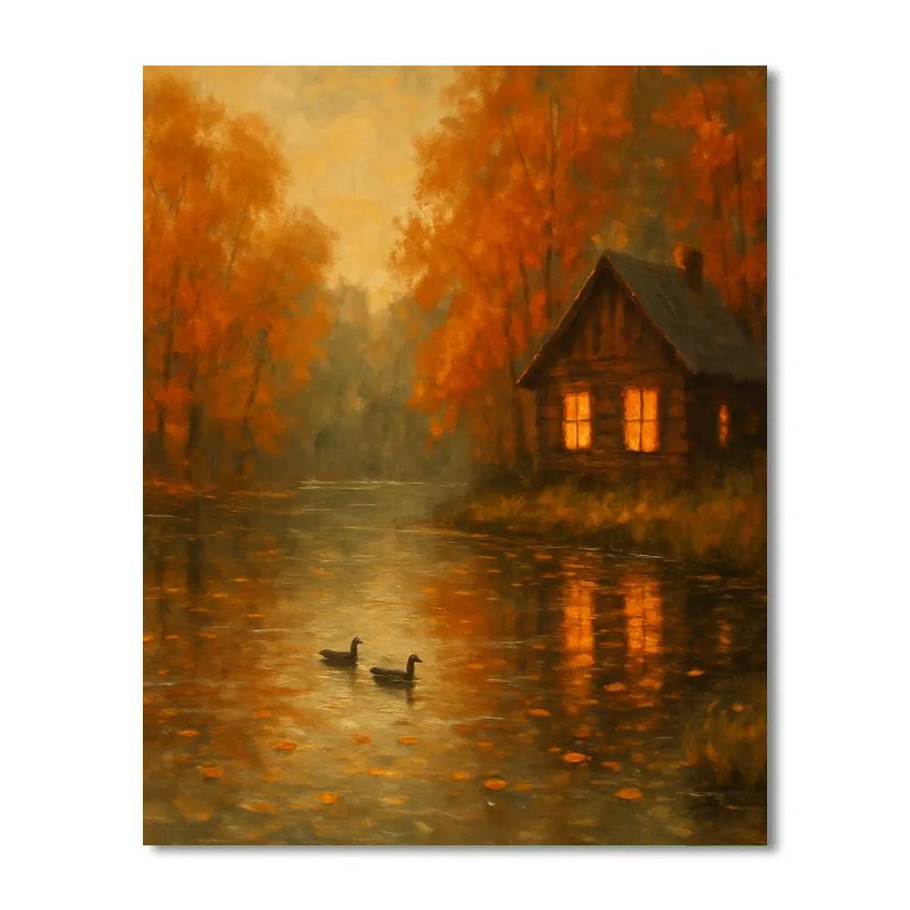 Cabin Glow On Autumn Lake painting number kit