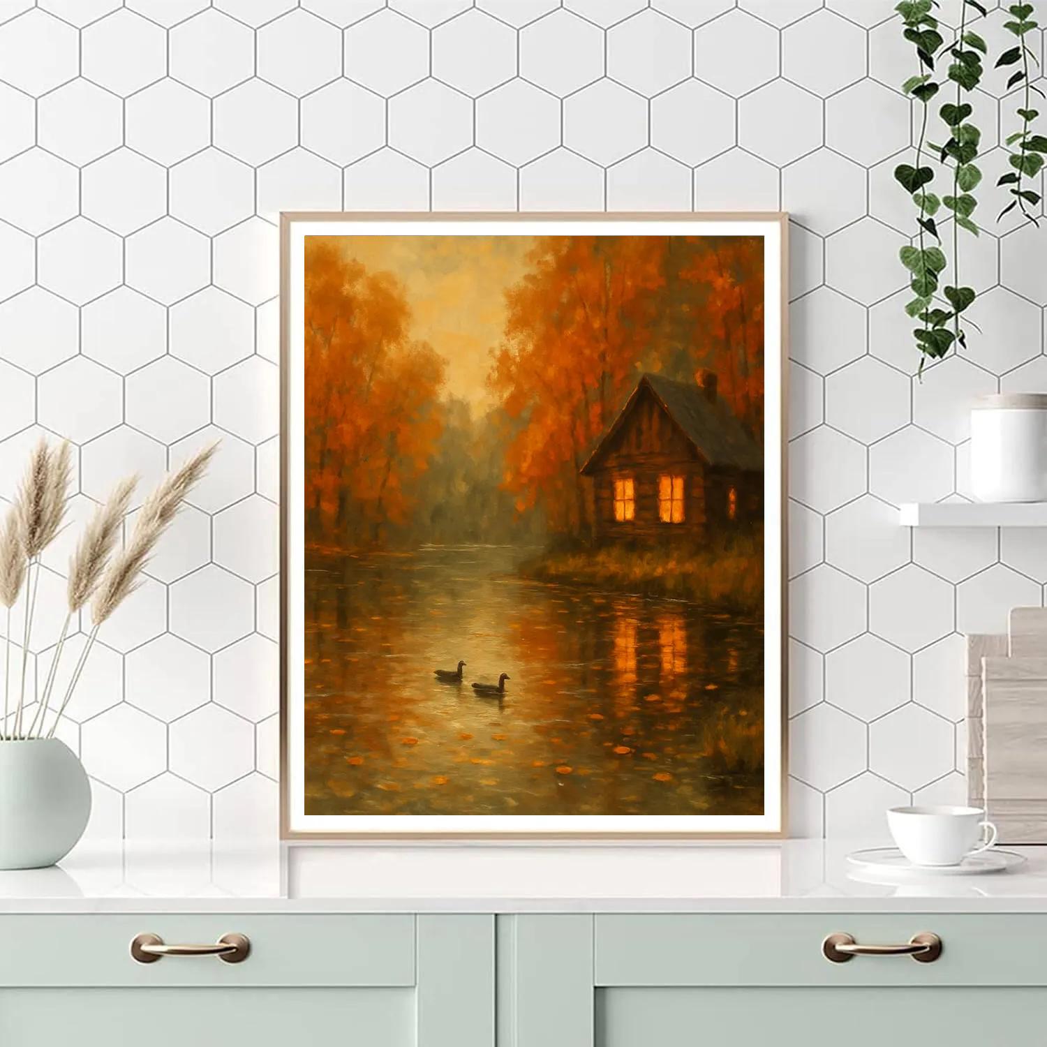 Cabin Glow On Autumn Lake painting number kit