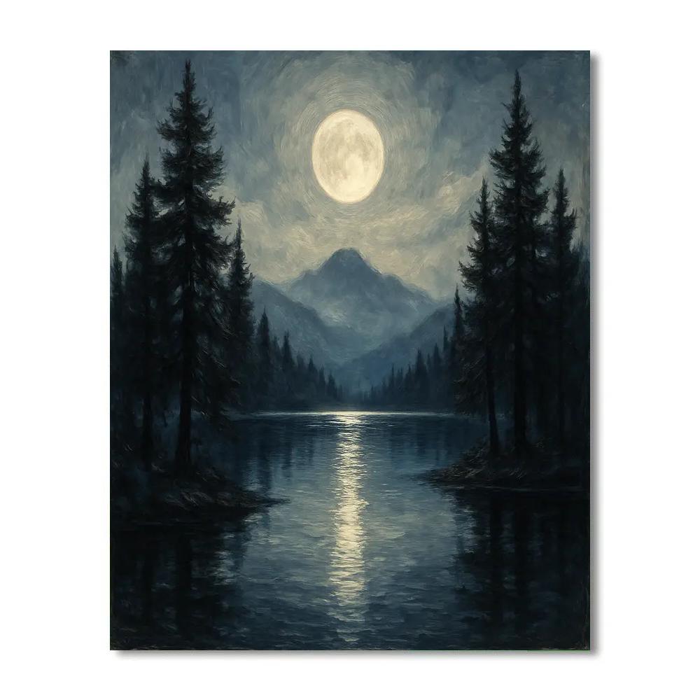 Moonlit Pines Over Still Lake Paint by numbers art