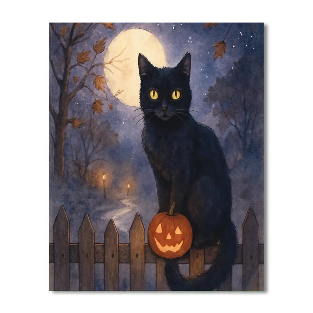 Midnight Cat On Autumn Fence Paint by numbers kits