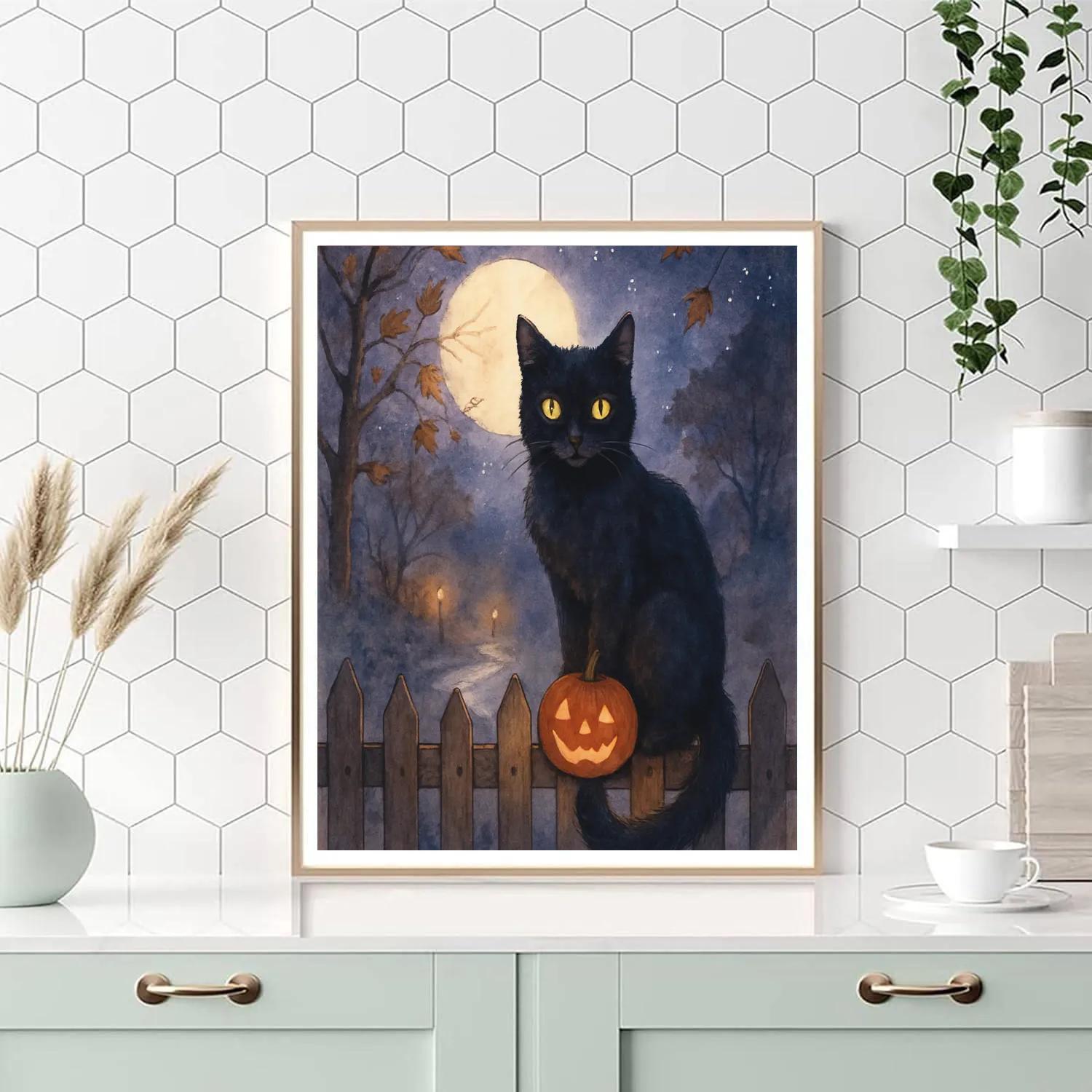 Midnight Cat On Autumn Fence Paint by numbers kits
