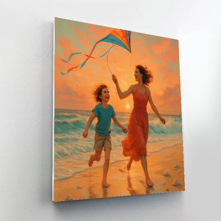 Seaside Stroll Mom With Child Kite Number painting