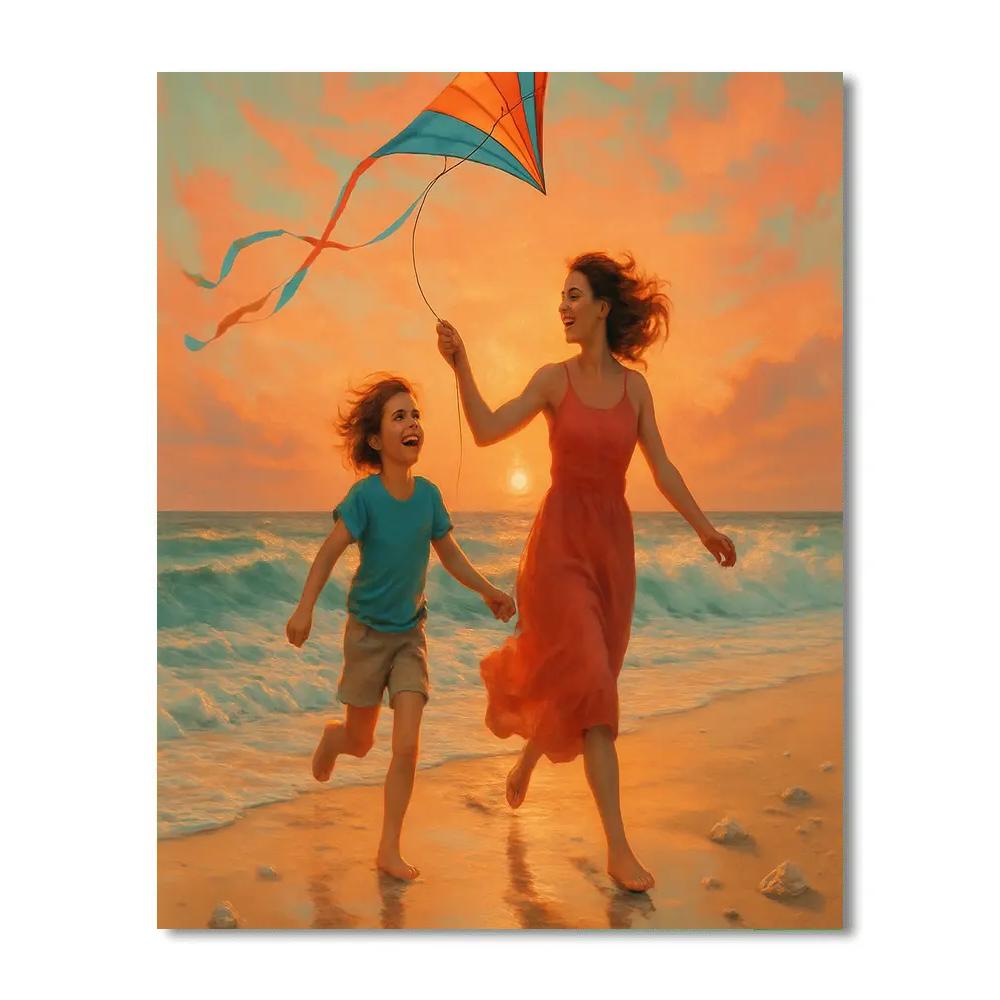 Seaside Stroll Mom With Child Kite Number painting