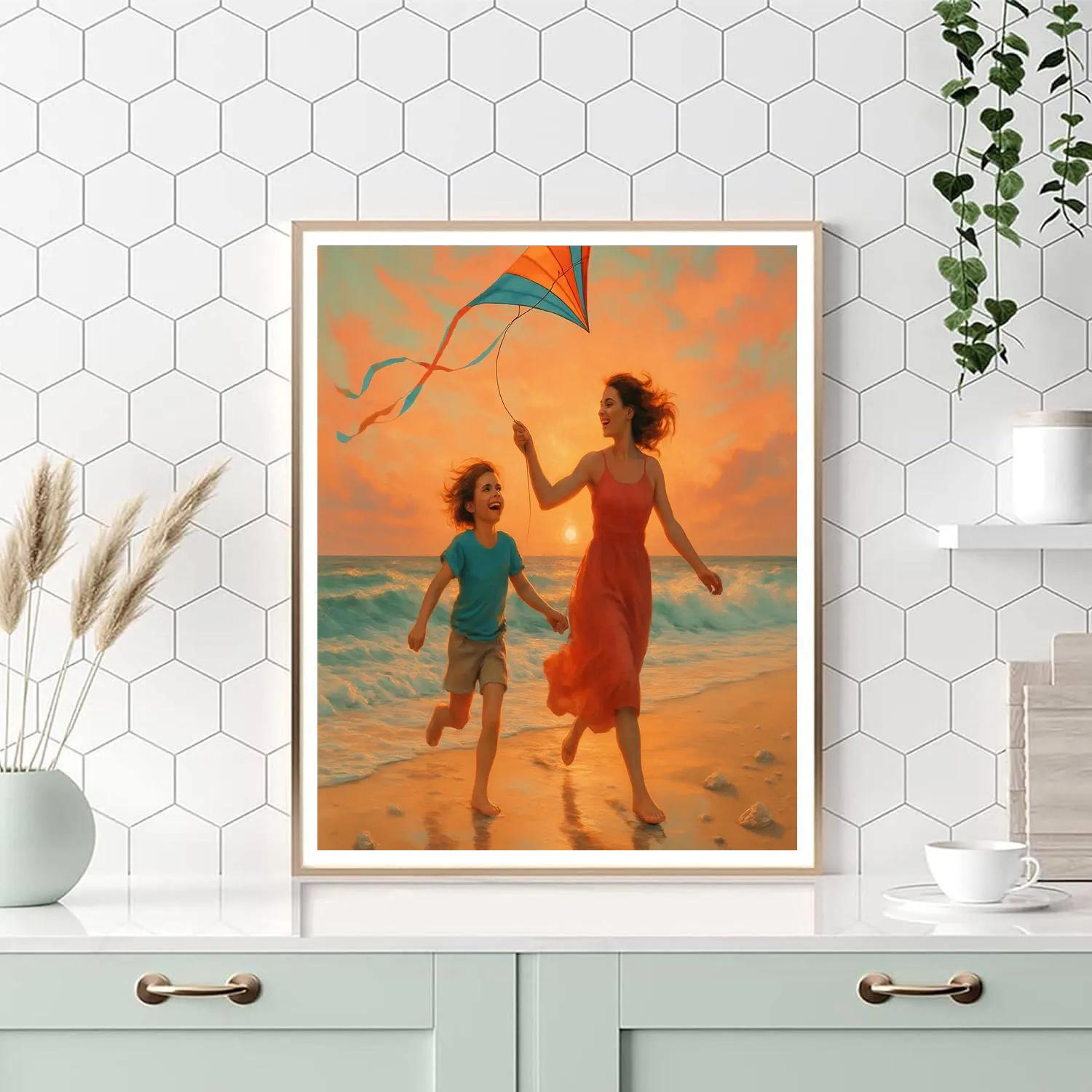 Seaside Stroll Mom With Child Kite Number painting