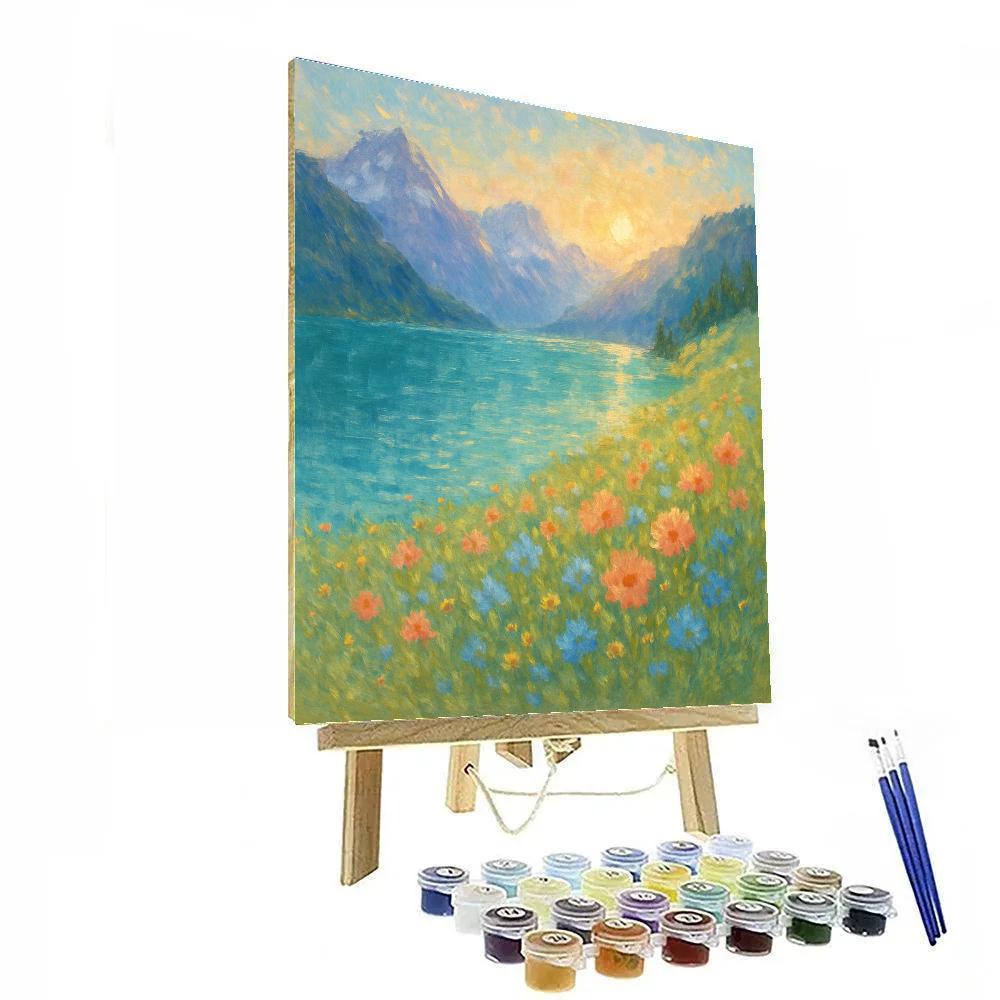 Sunlit Alpine Meadow And Turquoise Lake paint by number