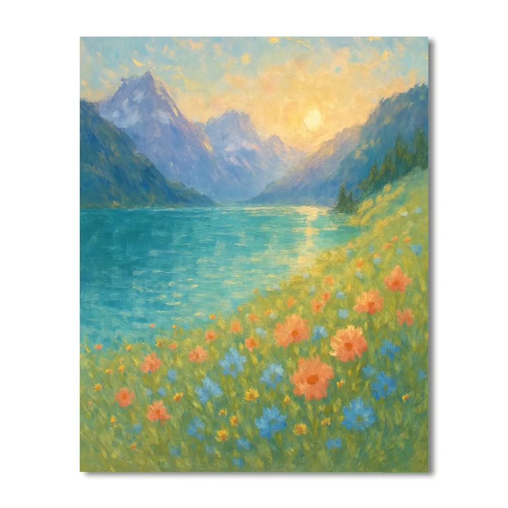 Sunlit Alpine Meadow And Turquoise Lake paint by number