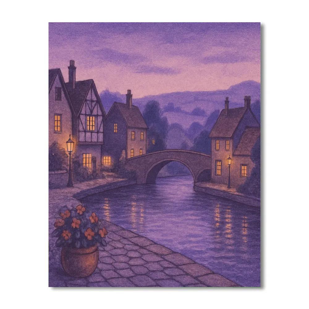 Quiet Village Under Violet Twilight Numbered painting kits