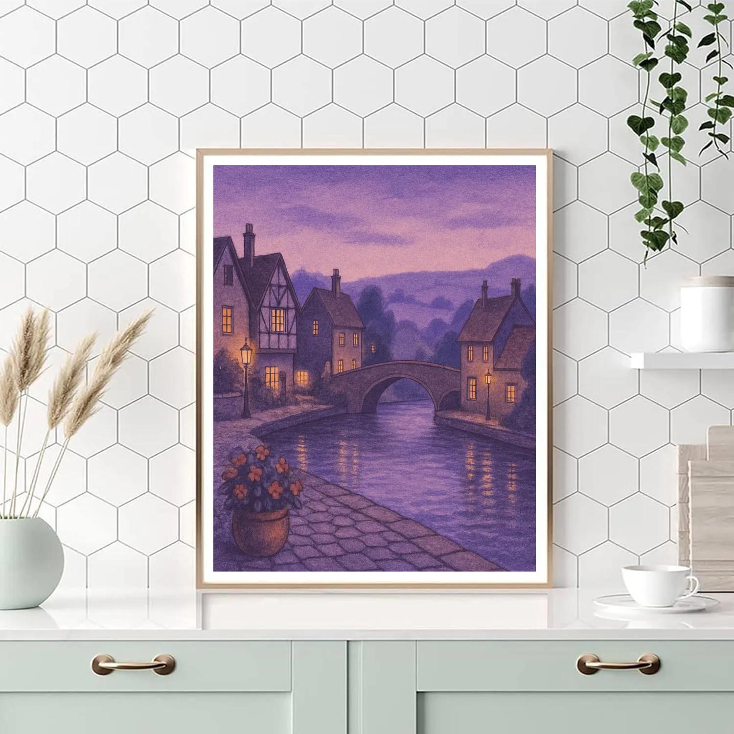 Quiet Village Under Violet Twilight Numbered painting kits