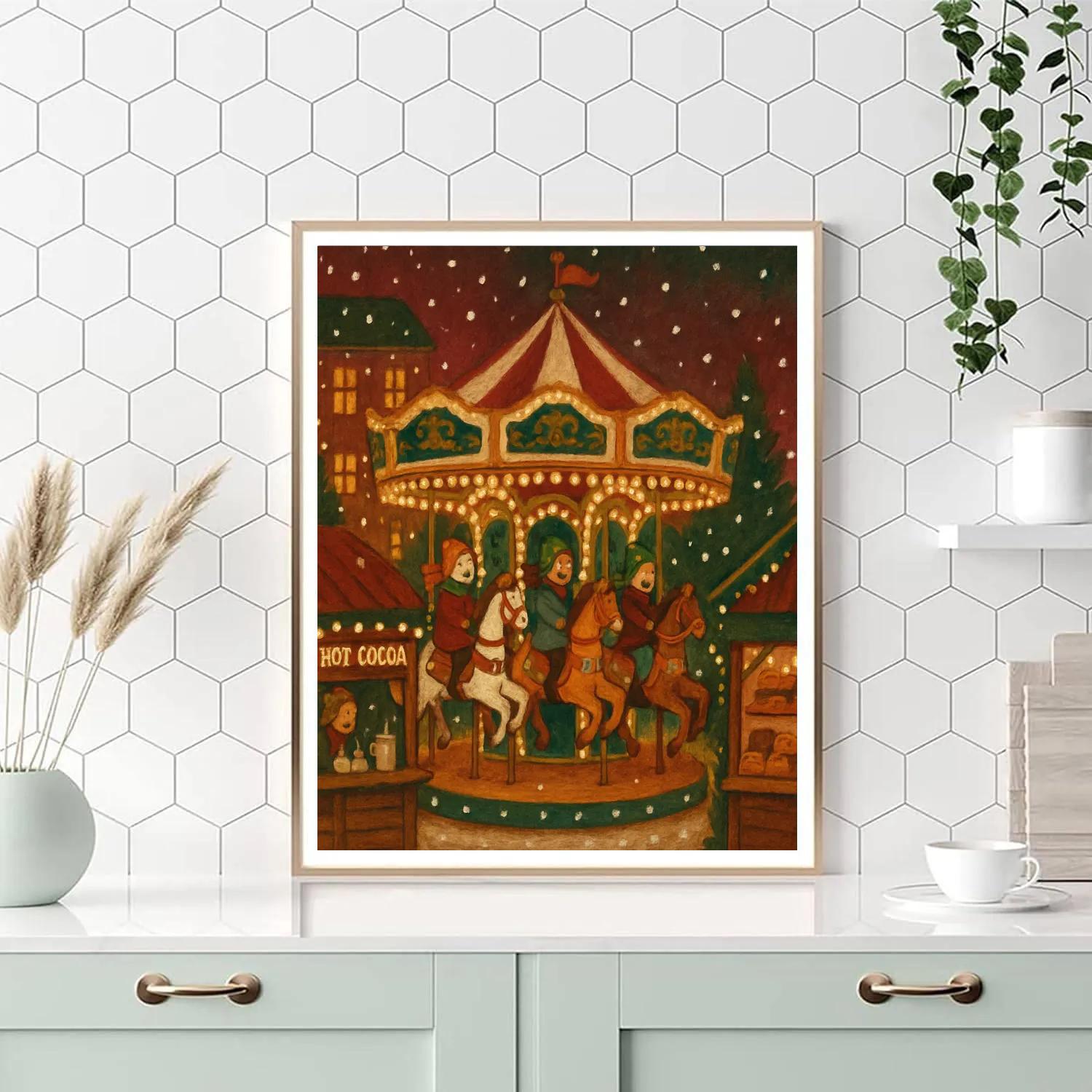 Carousel On A Snowy Market Square Painting by numbers kit
