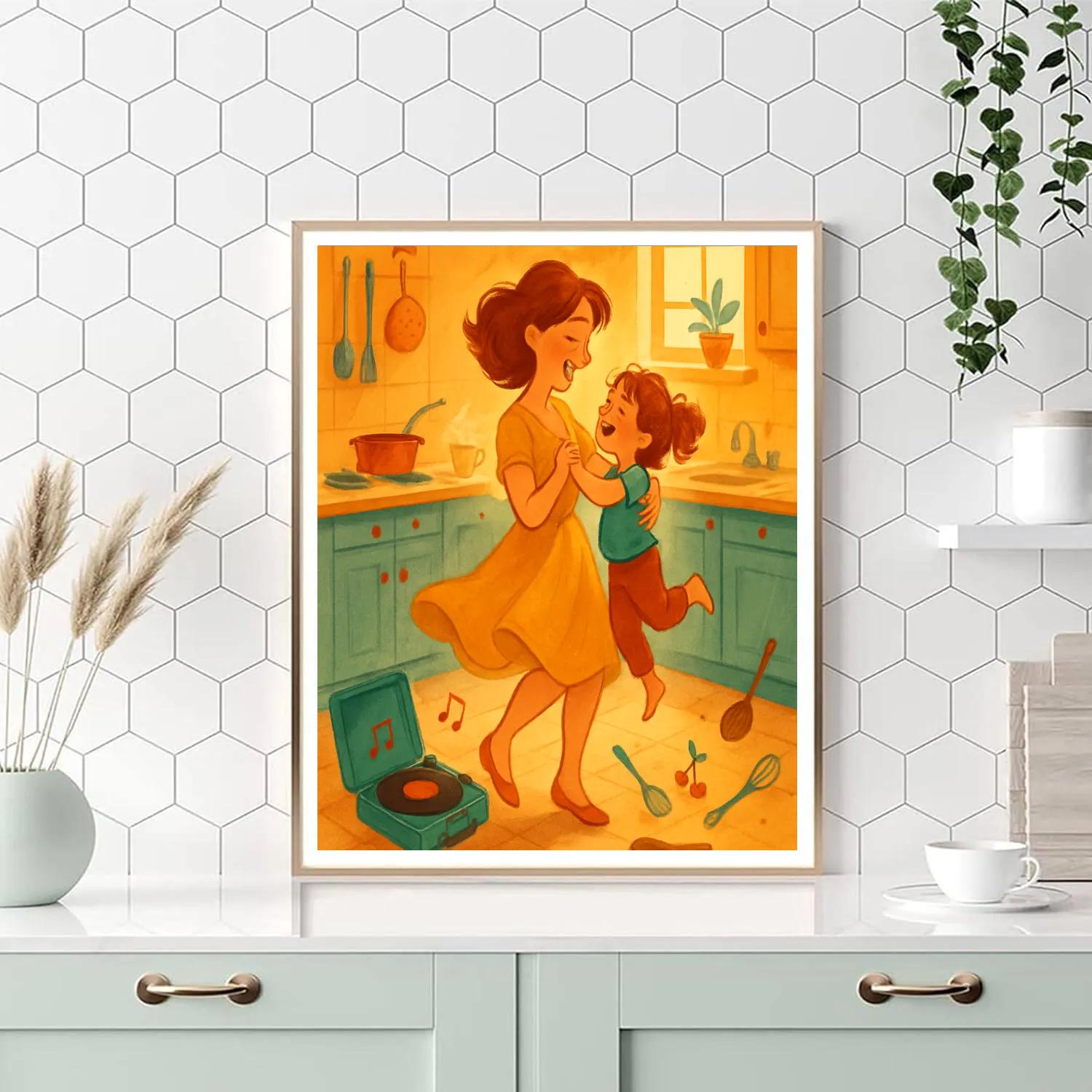 Mother And Child Dance In Kitchen painting number kit