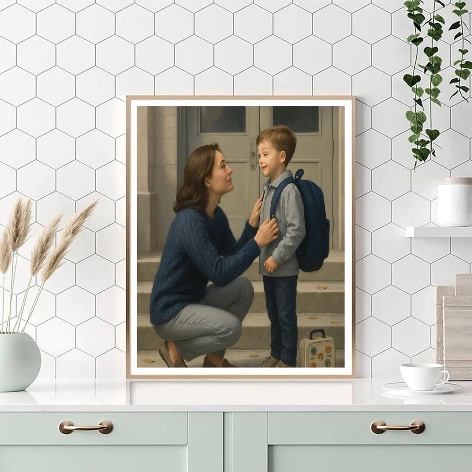Mother Guiding Child At First Day Of School Numbered painting kits