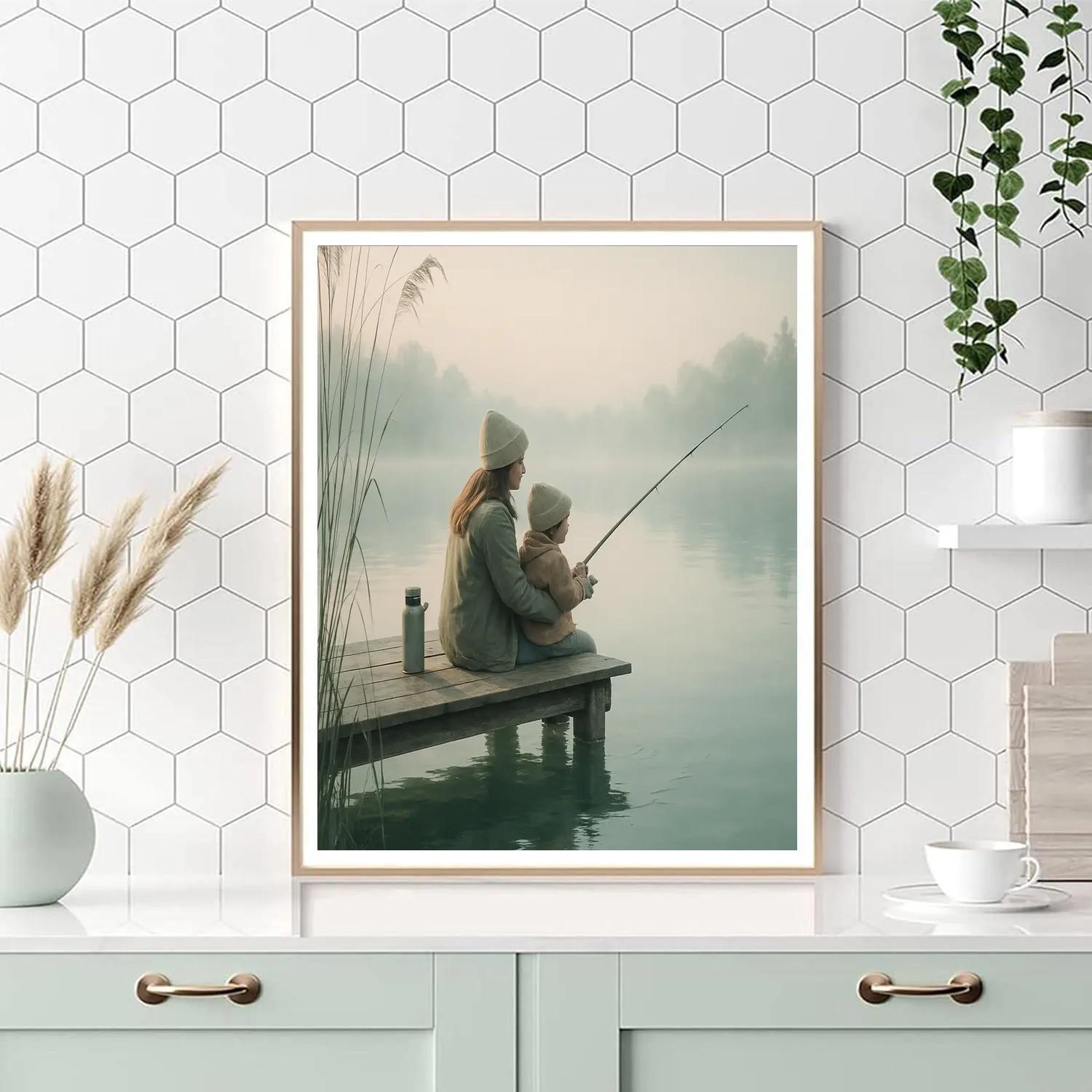Mother And Child Fishing At Dawn Painting by numbers kit