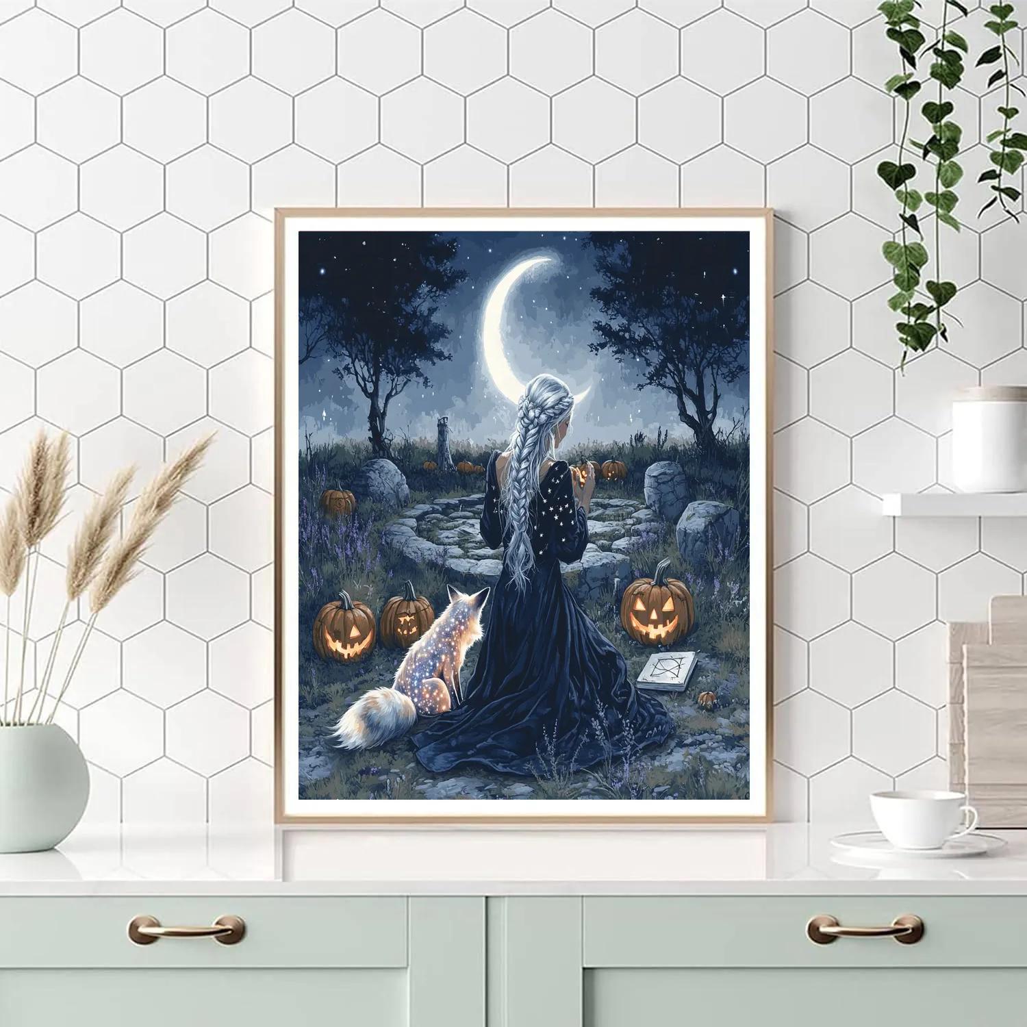 Moonlit Witch With Haunted Familiar Number painting