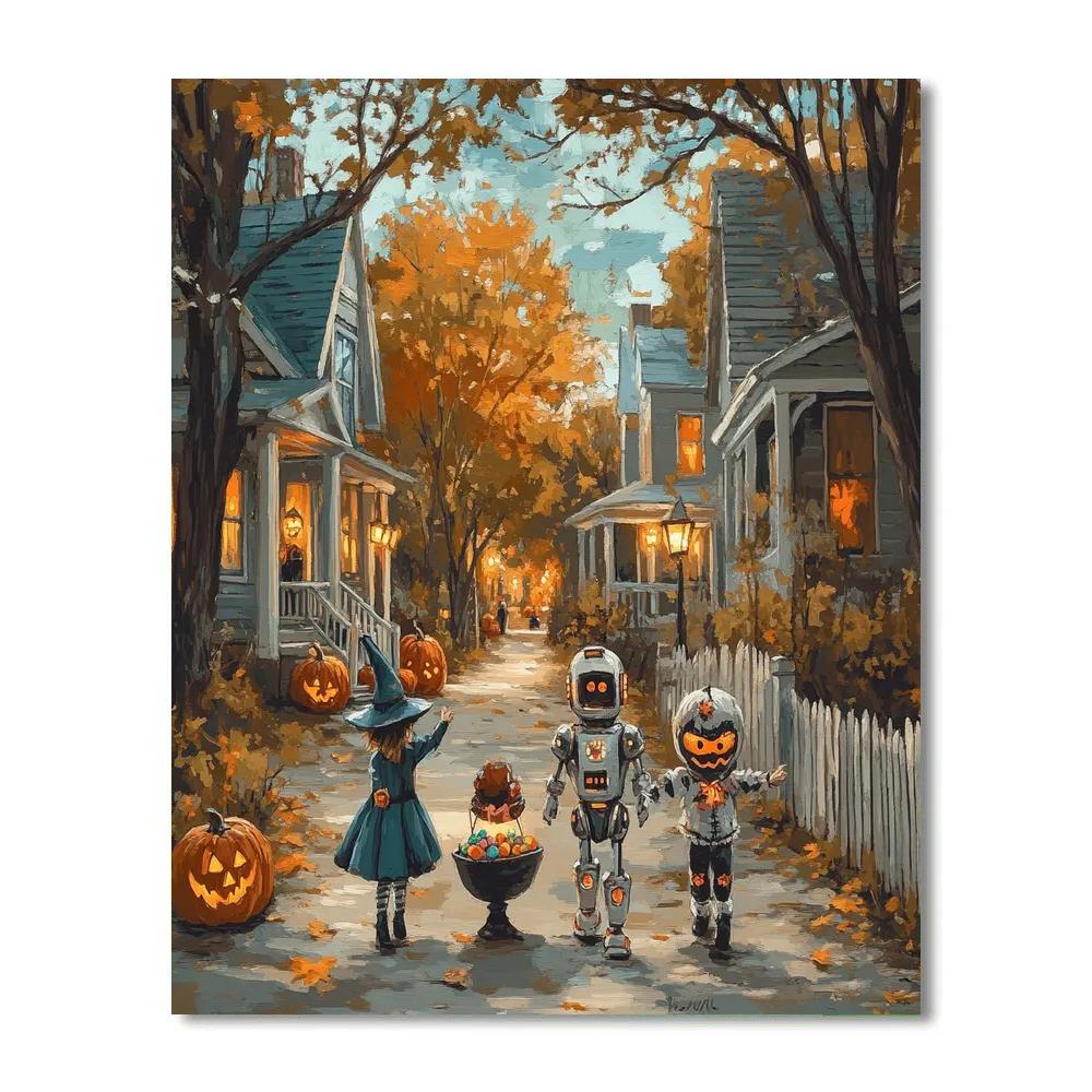 Children Trick Or Treat In Spooky Lane Numbered painting kits