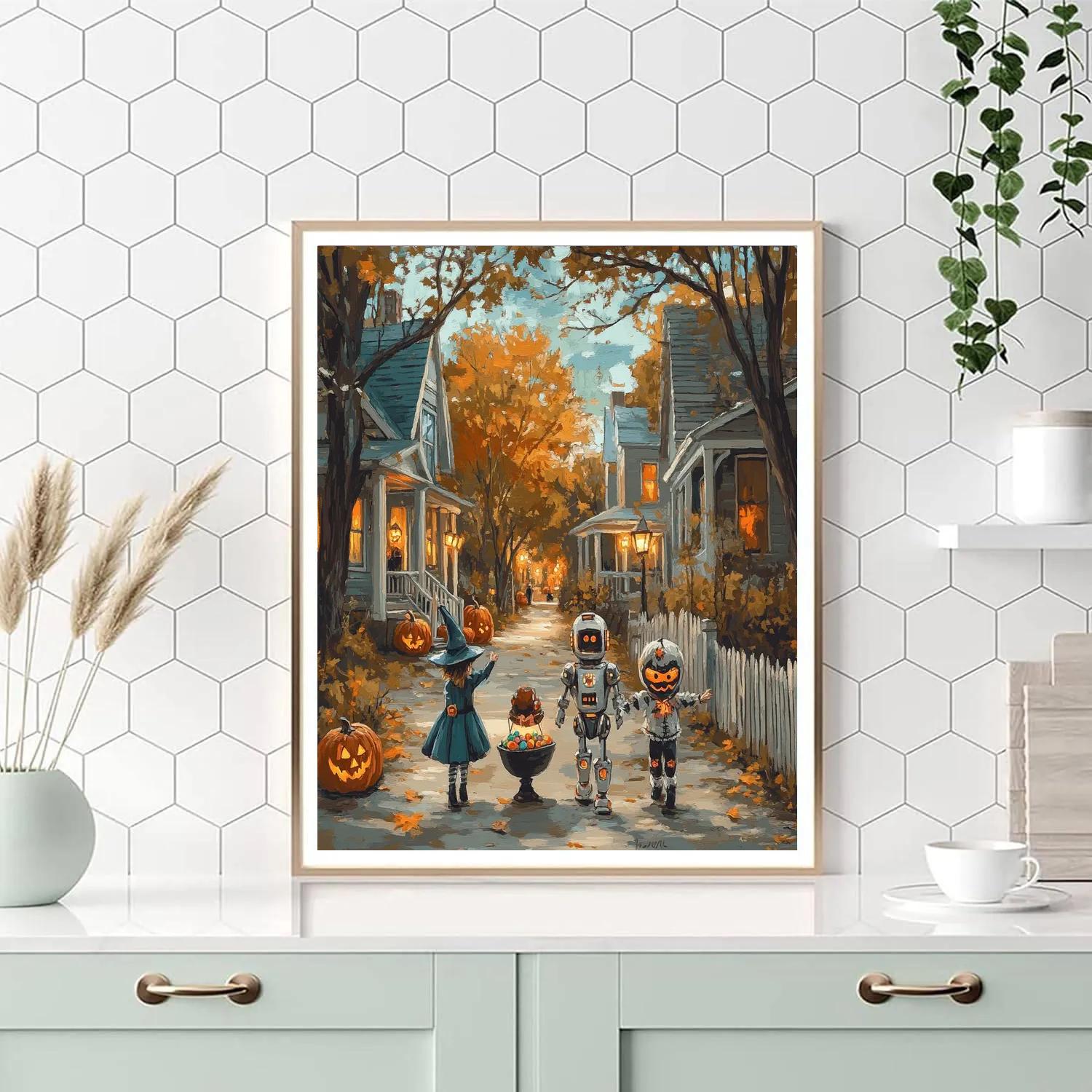 Children Trick Or Treat In Spooky Lane Numbered painting kits