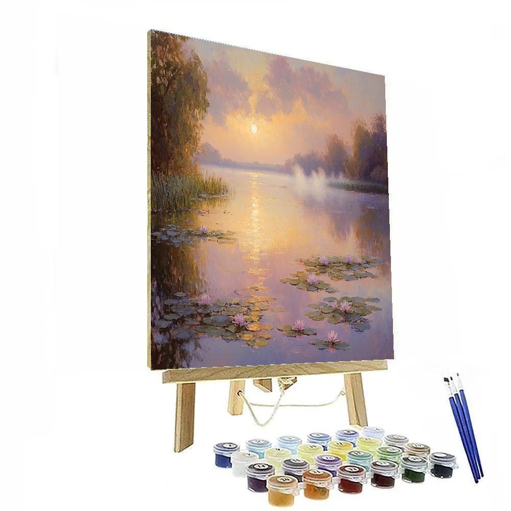 Monet Inspired Misty Lake Sunrise Number painting