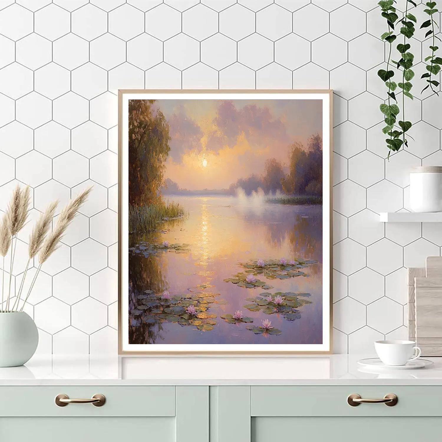 Monet Inspired Misty Lake Sunrise Number painting