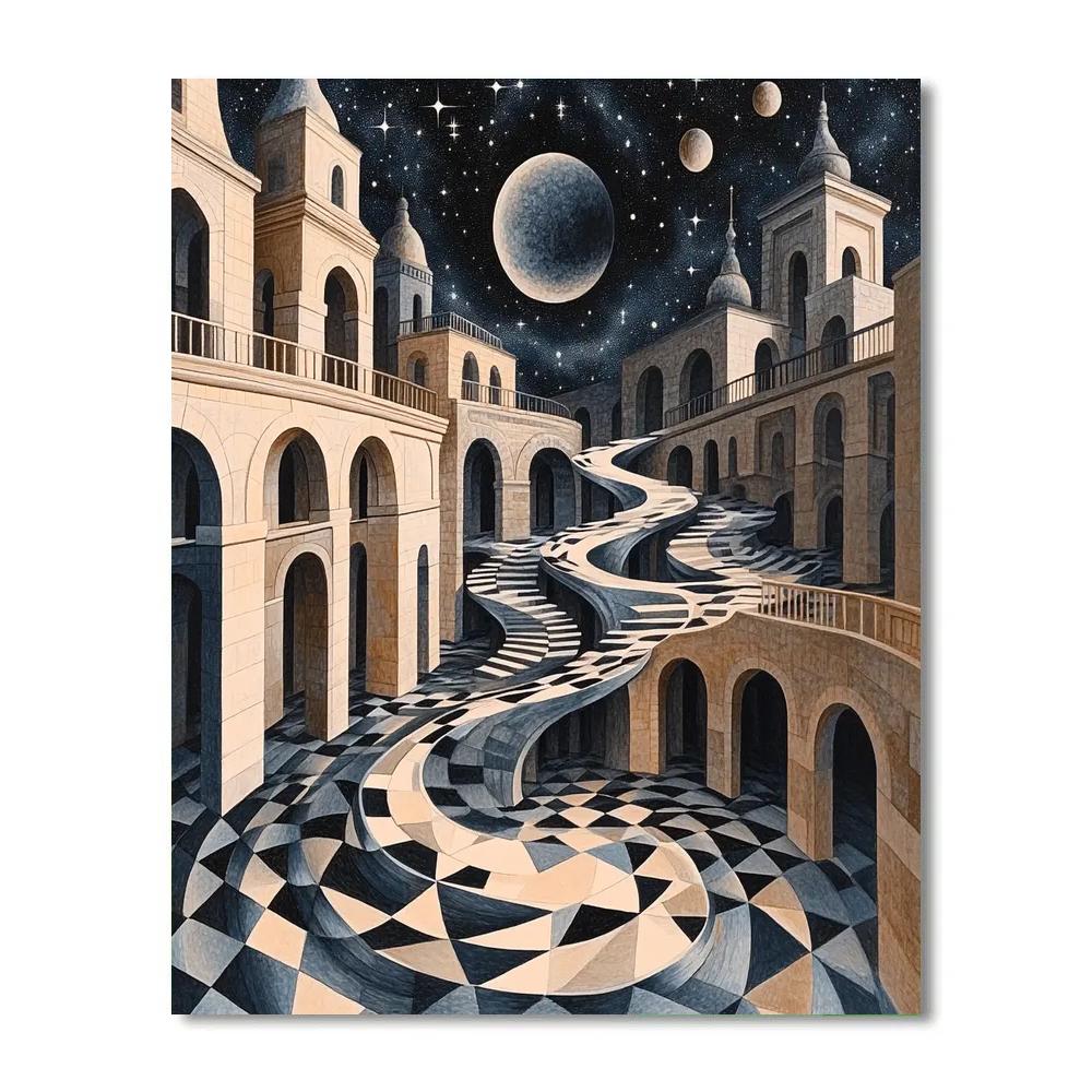 M.C. Escher Inspired Infinite Architectural Labyrinth paint by number