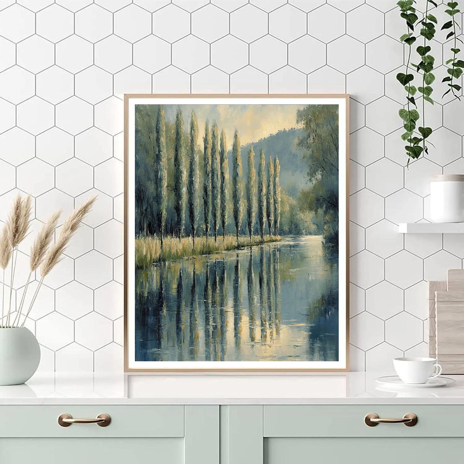 Claude Monet Inspired Riverbank Poplars At Rainlight Number painting