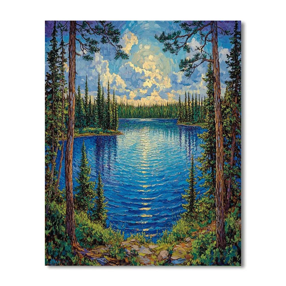J. E. H. MacDonald Inspired Lake Framed By Pine Rhythms painting number kit