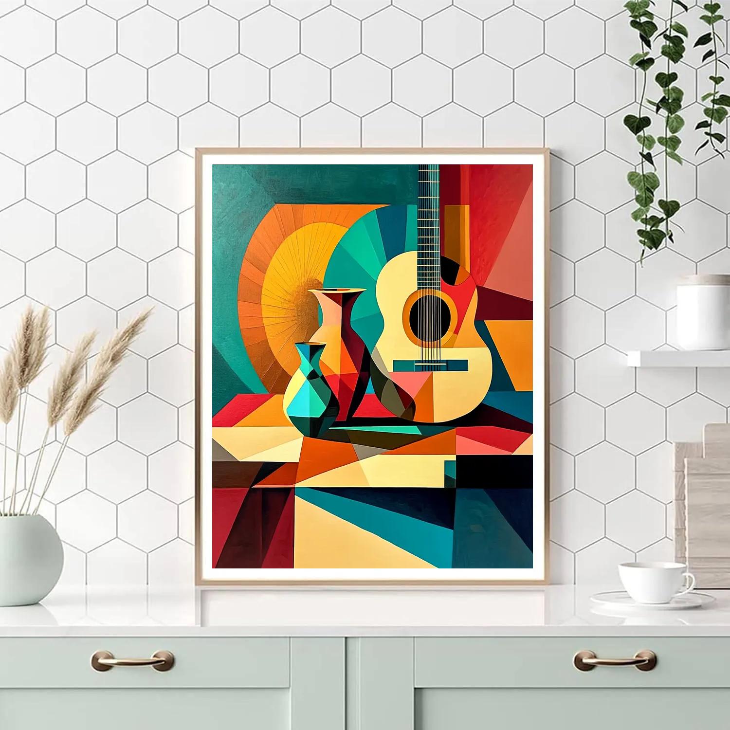 Pablo Picasso Inspired Cubist Still Life With Guitar And Vase Paint by numbers art