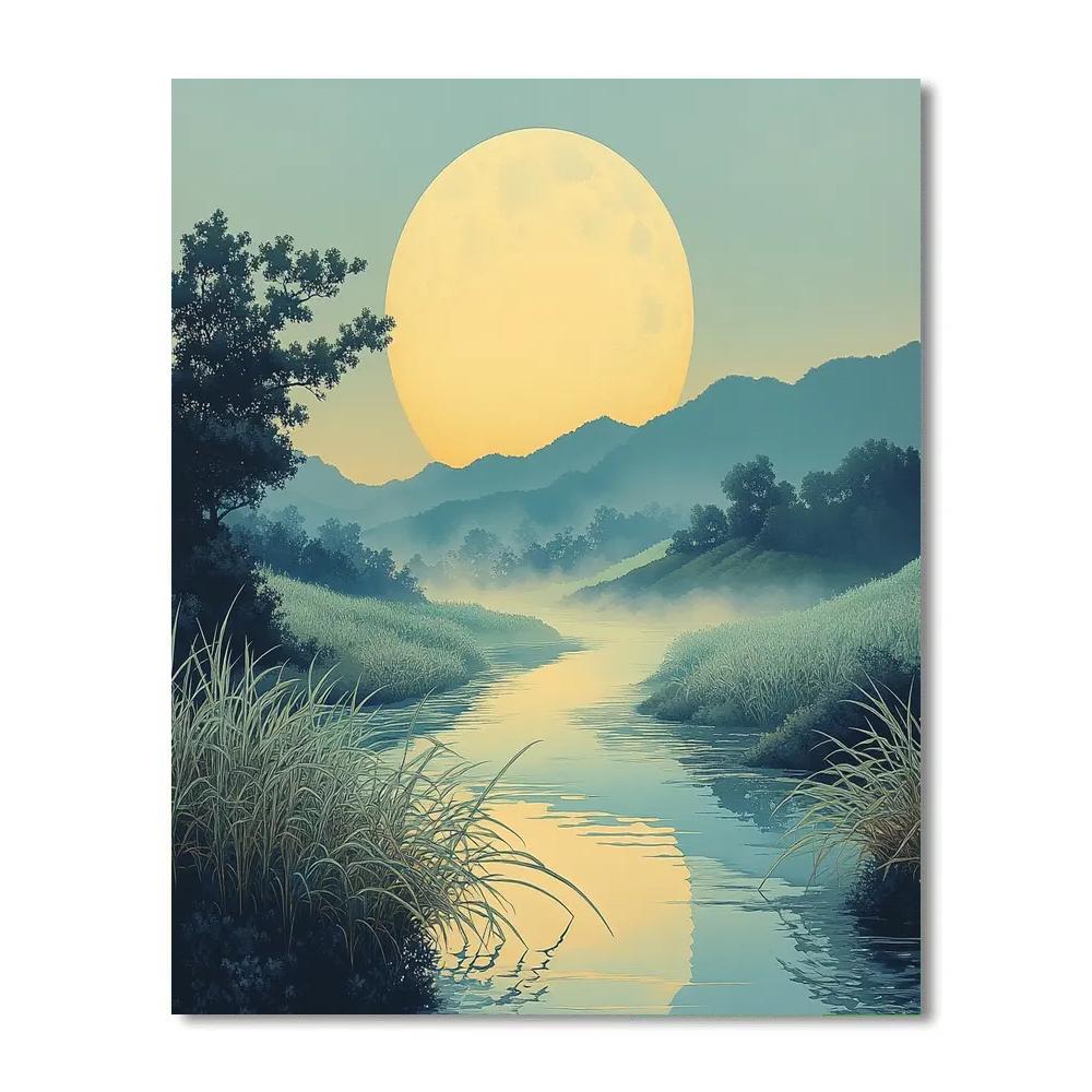 Hiroshige Inspired Moonlit River Reeds paint by number