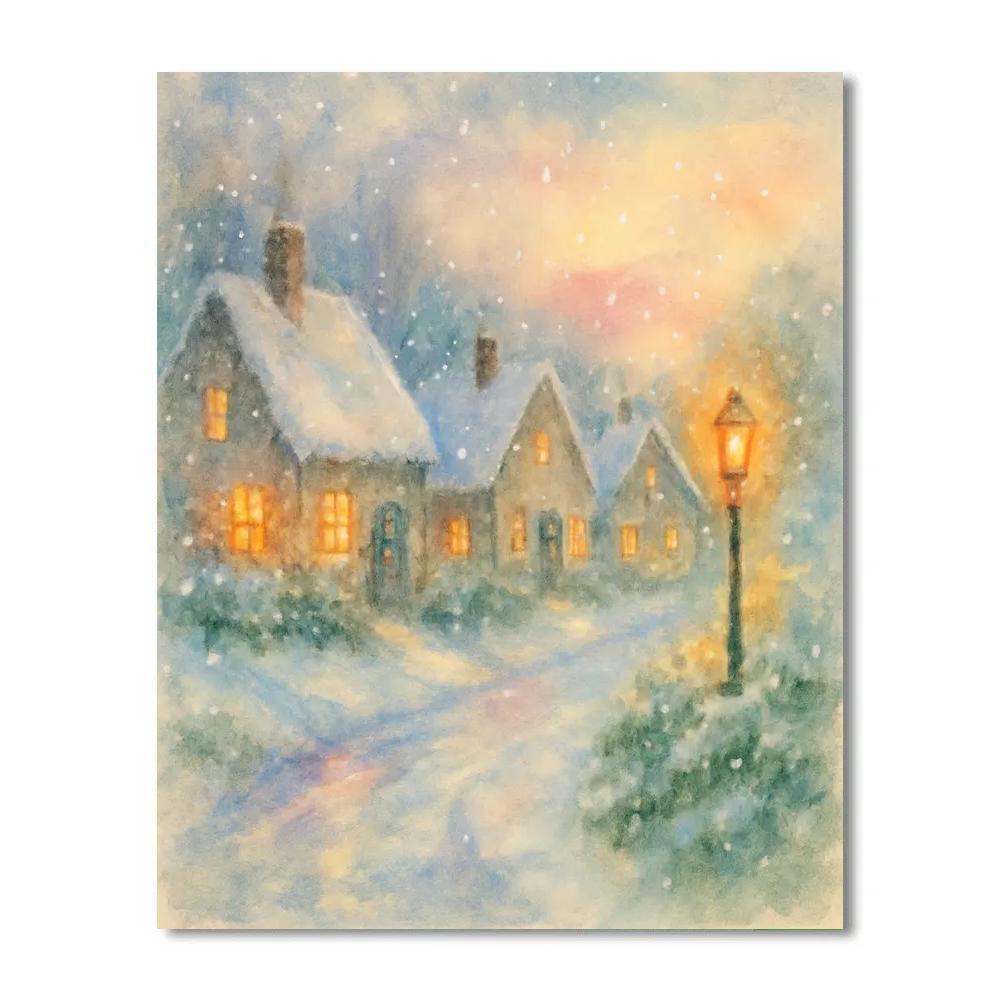 Snow-Lit Village Winter Landscape Art paint by numbers