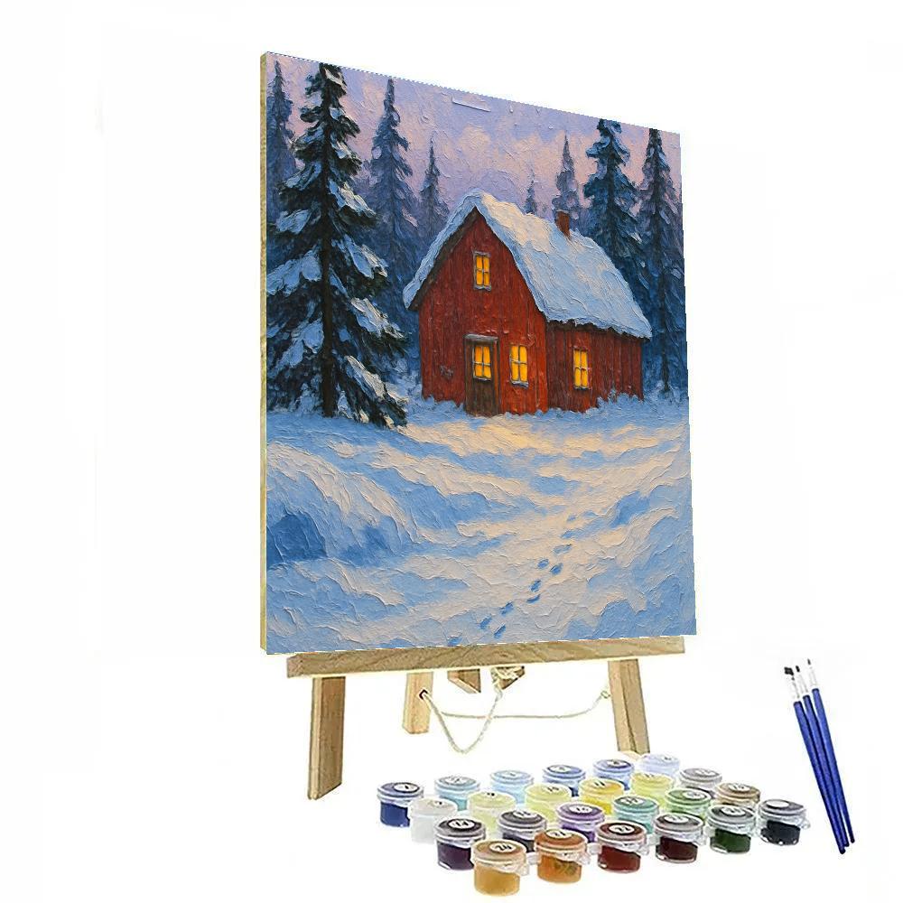Red Barn Among Evergreens Winter Landscape Art DIY paint by numbers