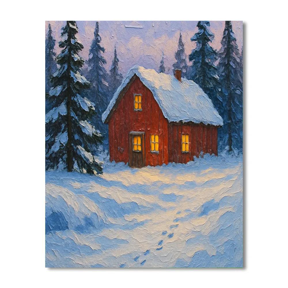 Red Barn Among Evergreens Winter Landscape Art DIY paint by numbers