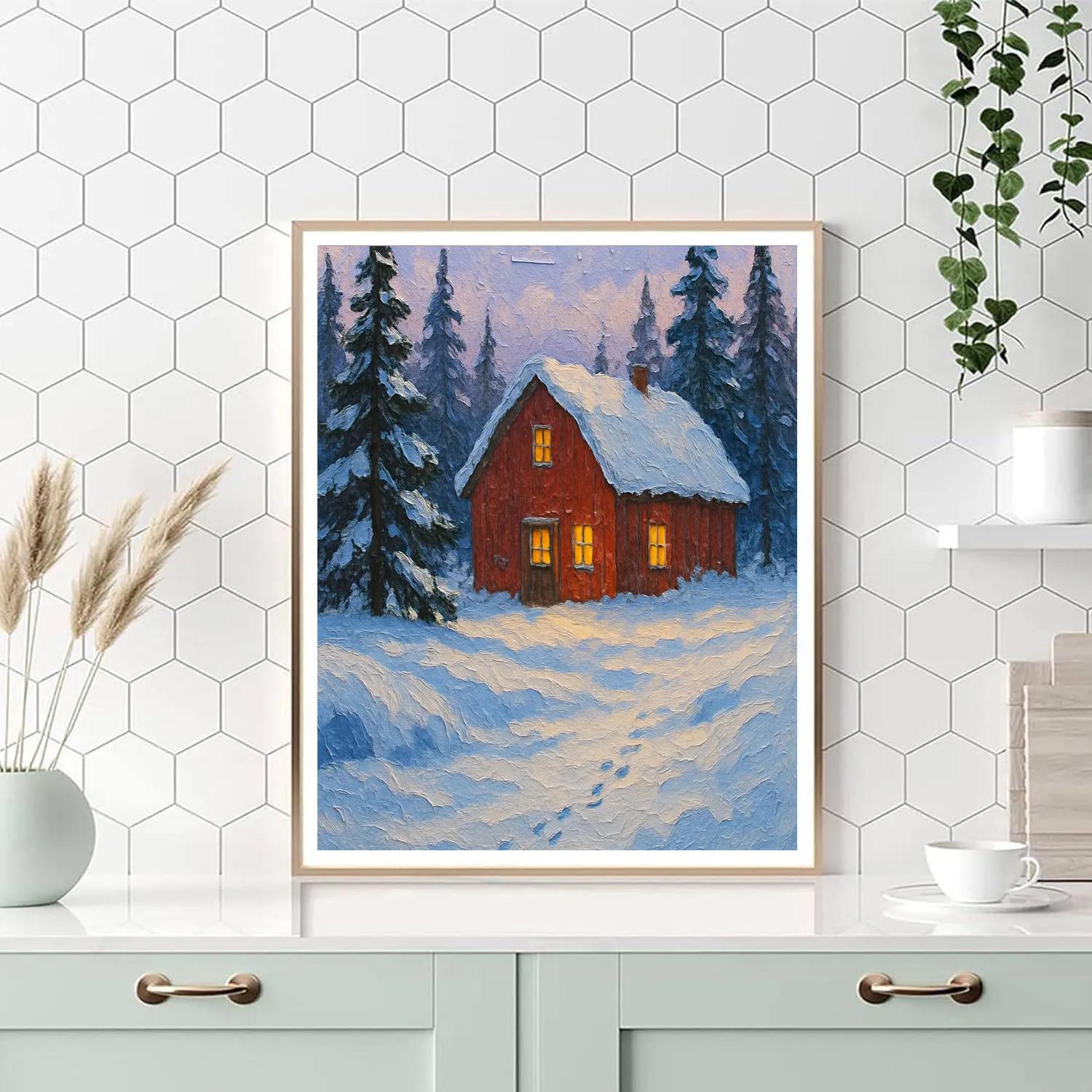 Red Barn Among Evergreens Winter Landscape Art DIY paint by numbers