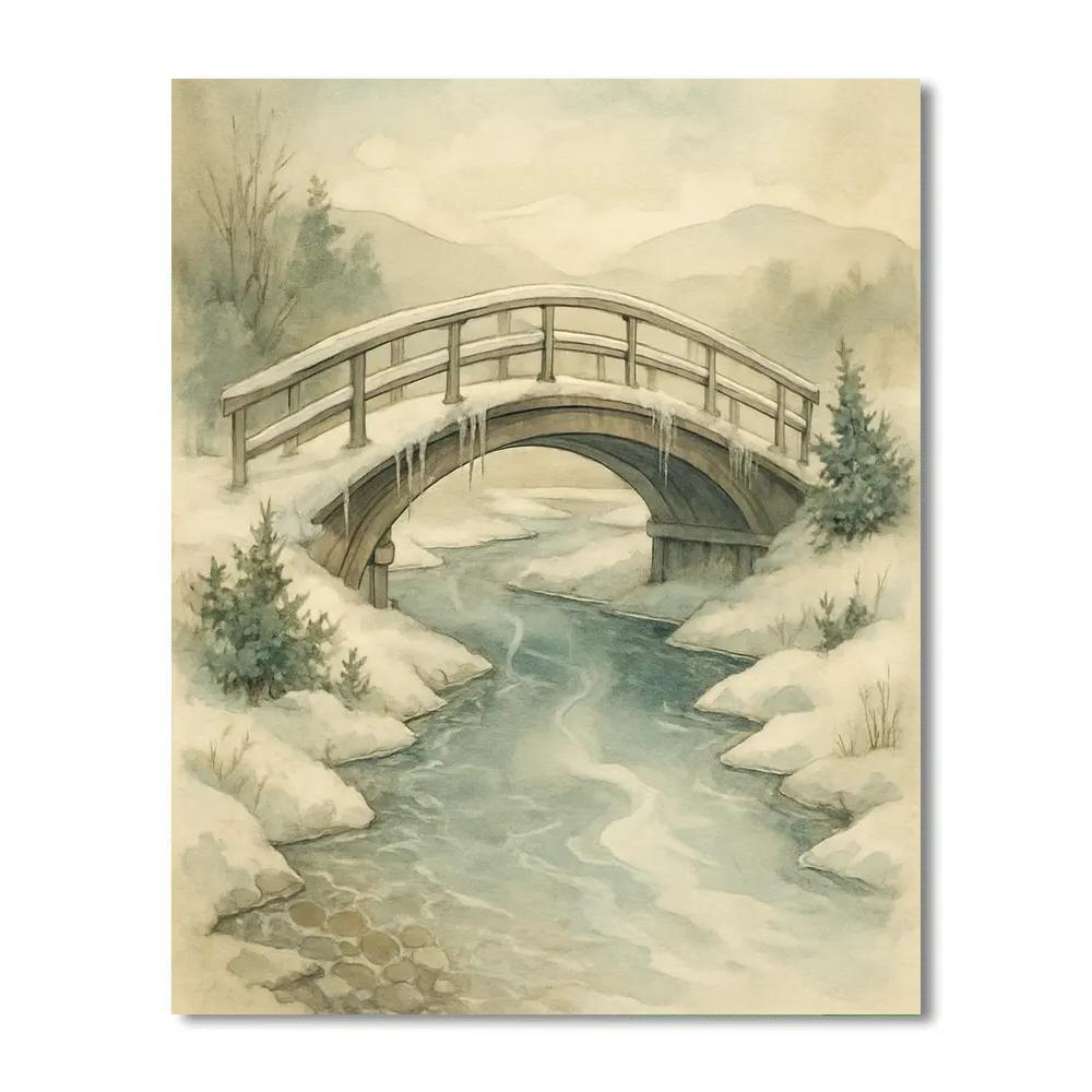 Frosted Bridge Over Winter Stream Landscape Art paint by number